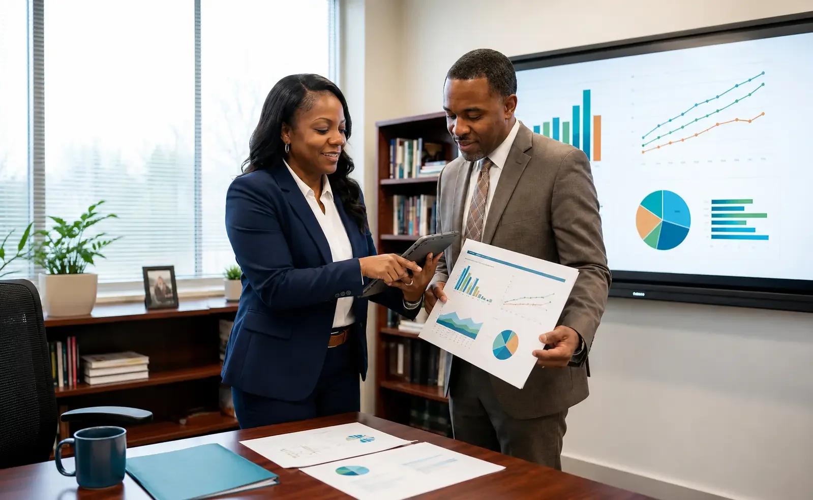 Two school leaders reviewing MTSS and student-growth data during a JÜL instructional leadership consultation.