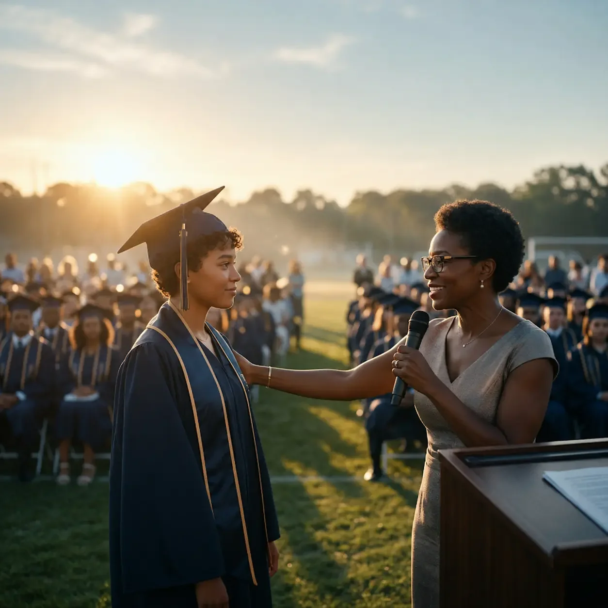 Gail Jackson encouraging a graduate, representing student success, educational pathways, and the outcomes of JÜL consulting and curriculum work.