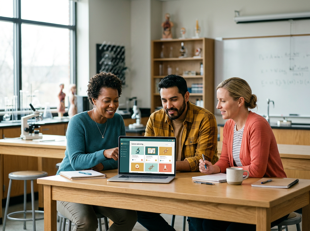 High school science teachers using the JÜL Professional Learning Development Center for lesson planning, progress badges, and classroom-ready professional learning