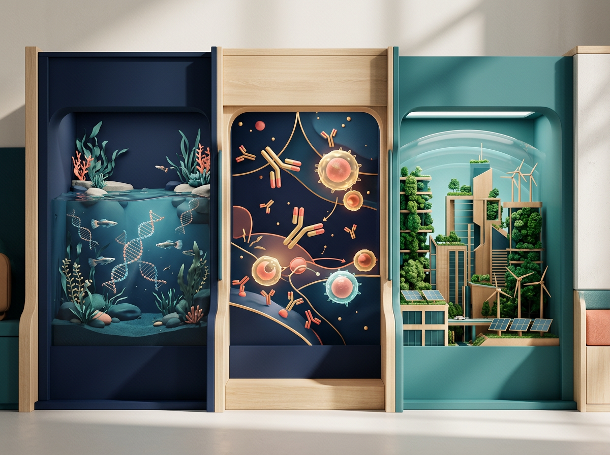 JÜL Science Arcade concept art showing Evolution Quest, Cellular Warfare, and Carbon City science worlds