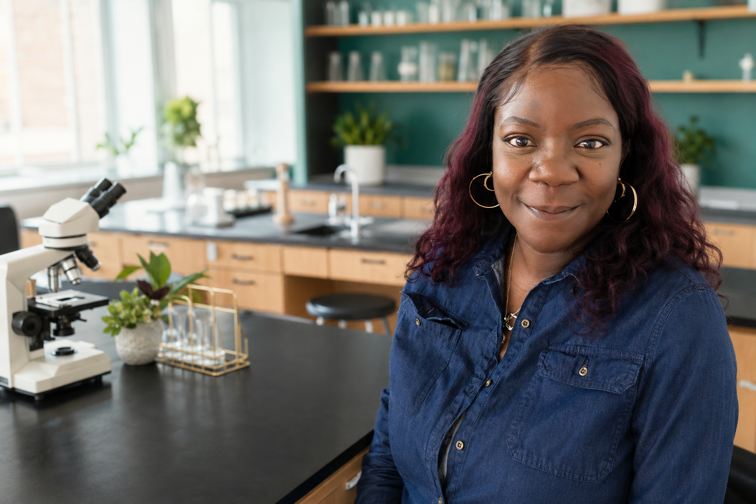Gail Jackson, Maryland nurse-educator and institutional consultant, in a modern science laboratory.