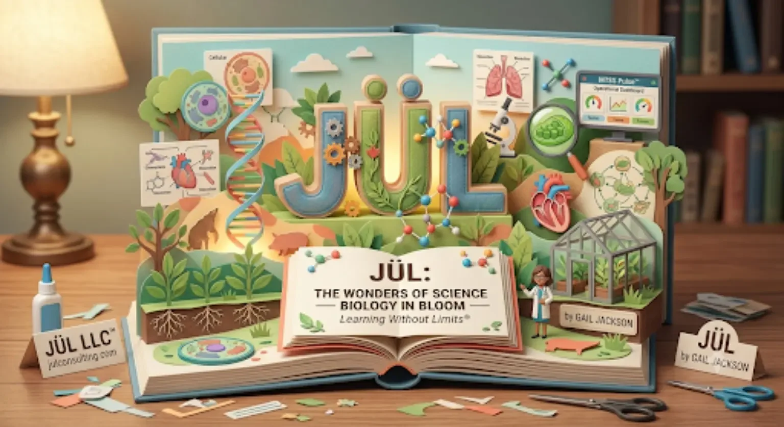 JÜL Biology in Bloom open-book science display featuring DNA, cells, body systems, ecology, and classroom learning by Gail Jackson.