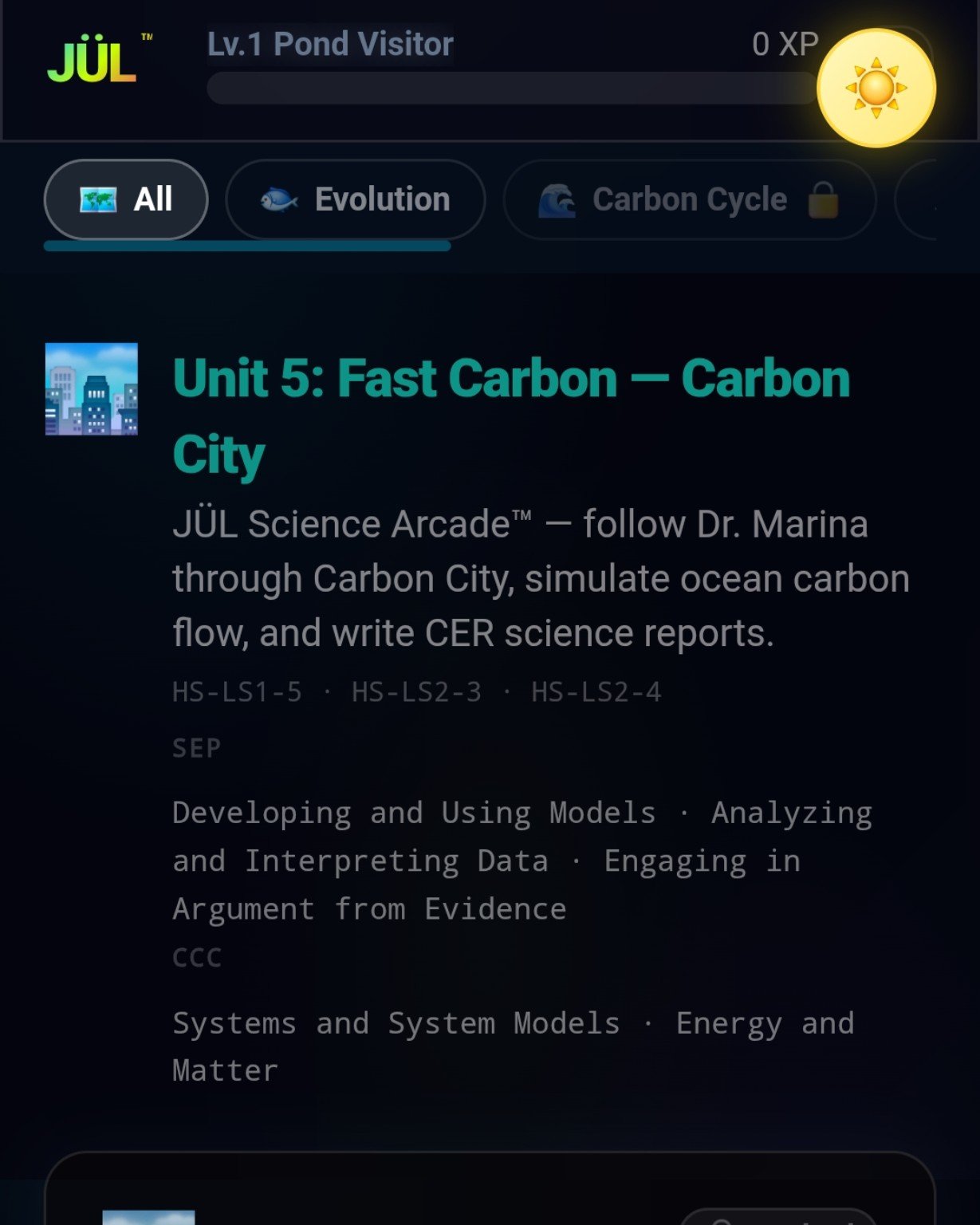 JÜL Science Arcade Carbon City showing carbon cycling, ecosystem dynamics, standards codes, and CER science reports