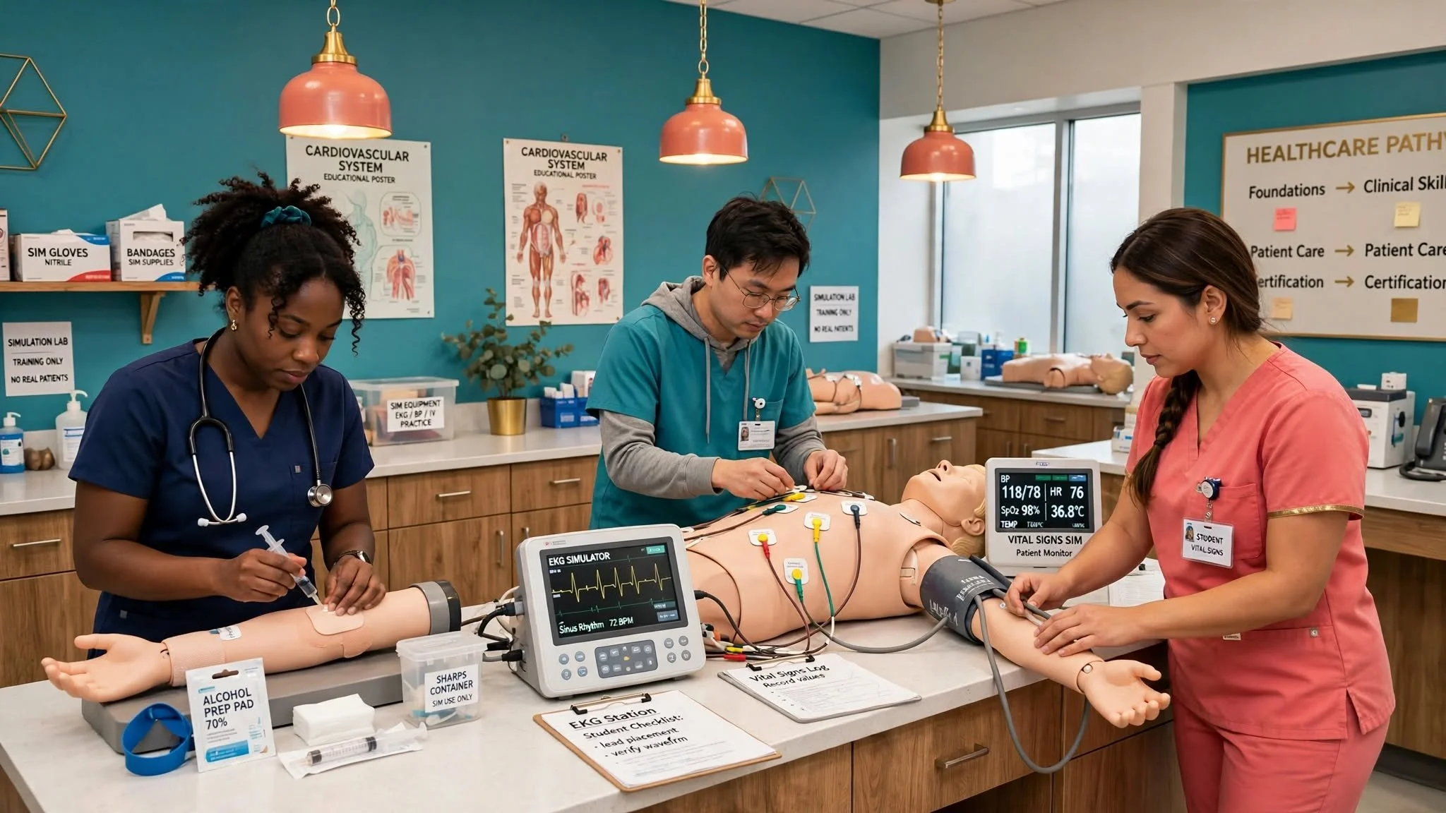 Illustration of a healthcare pathway training station with an EKG machine and clinical supplies