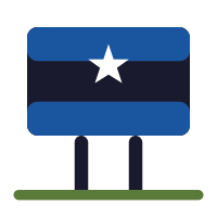 A cartoon-style illustration of a sign with the flag of Louisiana, featuring three horizontal stripes (blue, white, blue) and a white star in the center, mounted on two black posts on green grass.