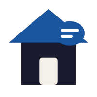 Stylized house with a blue roof and a cloud in the background
