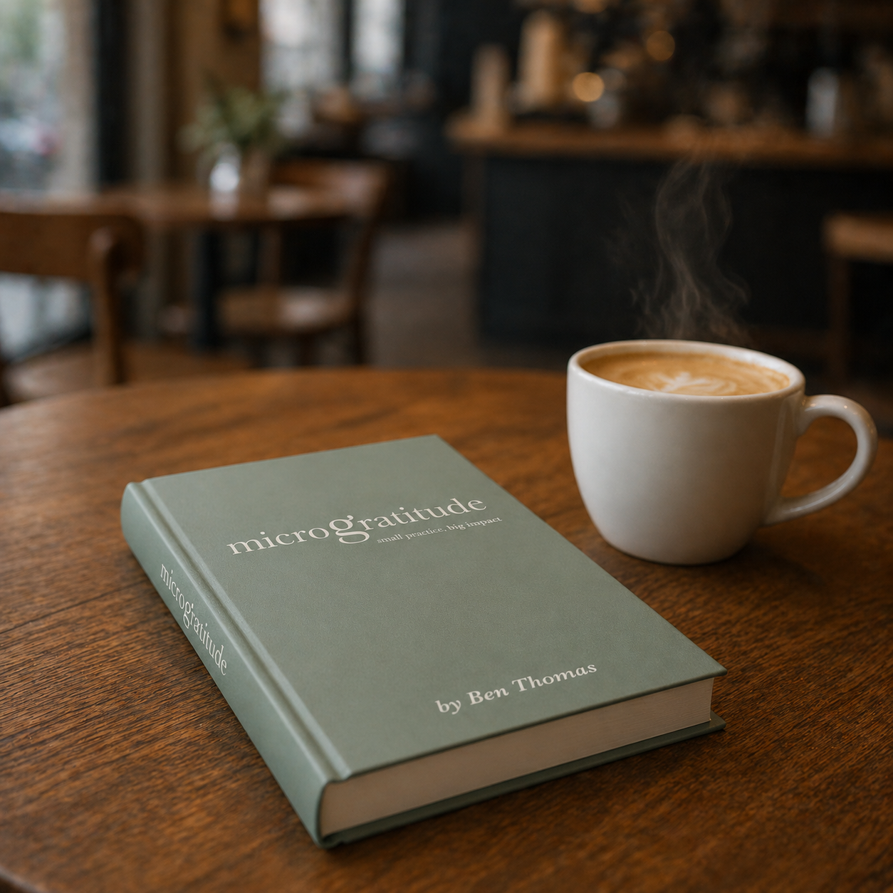 A green hardcover book titled 'micro gratitude' by Ben Thomas on a wooden table next to a steaming cup of coffee in a cozy cafe.
