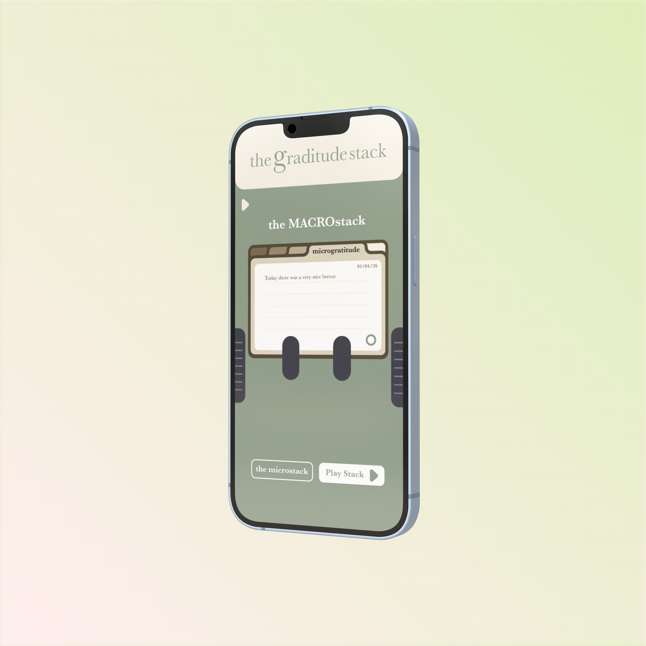 A modern smartphone displaying an app called 'the gratitude stack' with a gratitude journal entry on the screen.
