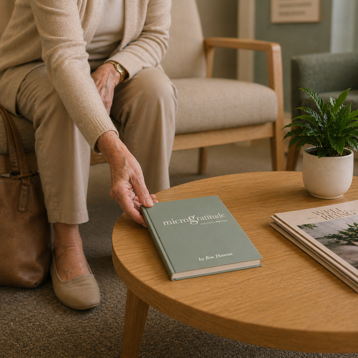 A senior woman sitting in a waiting room, reaching to pick up a green book titled 'micro gratitude by Ben Thomas' from a round wooden coffee table. The table also has a stack of magazines and a small potted green plant.