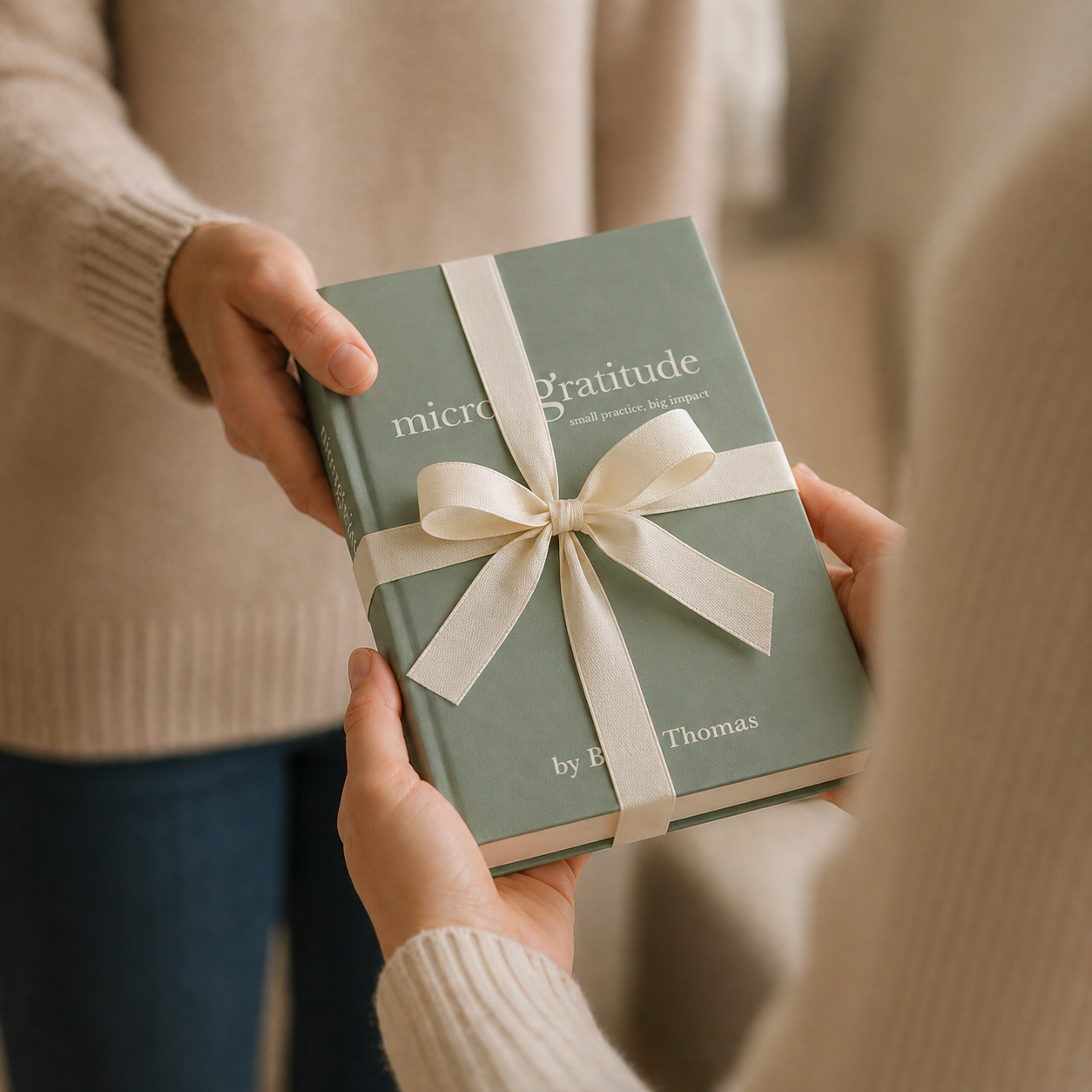 A person in a beige sweater is giving another person a green book titled 'micro gratitude' with a white ribbon tied around it.