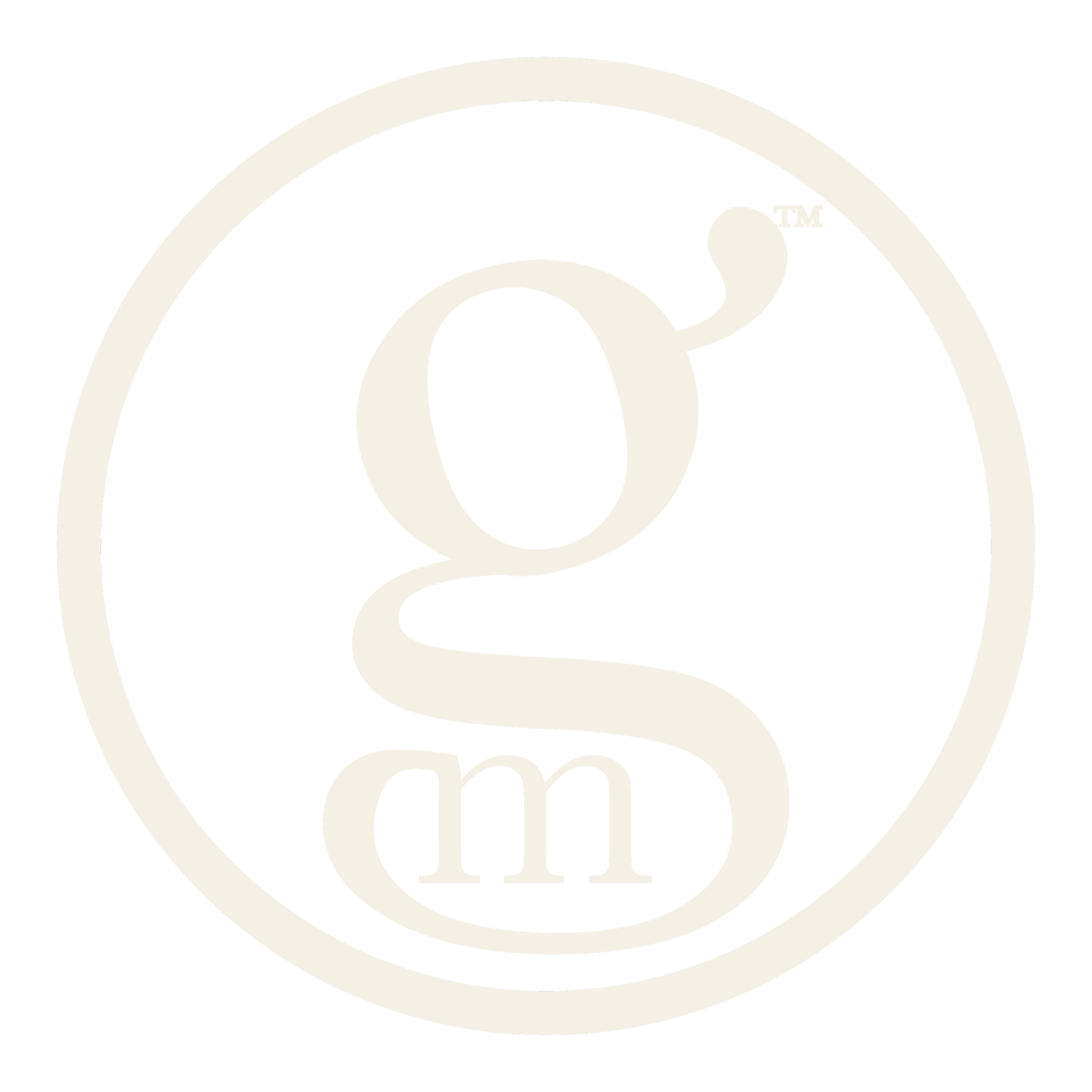 Close-up of the microgratitude logo, a calming cream circle with a stylized Baskerville g, and m combined in the middle with a trademark symbol.