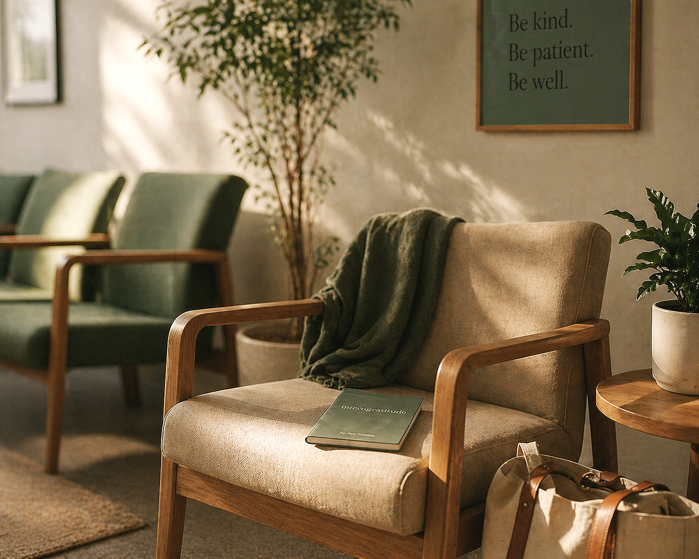 A cozy waiting room with a beige armchair, a green book titled 'microgratitude', a gray blanket, and potted plants. Soft sunlight filters through the window, and a framed sign on the wall reads 'Be kind. Be patient. Be well.'