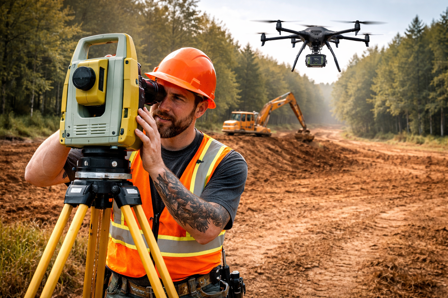A construction worker in an orange safety vest and hard hat using a surveying instrument in a forested area. A drone is flying overhead and an excavator is working on the dirt in the background.