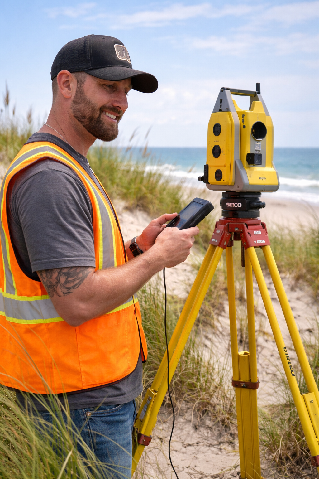 A man, Josh Helmley, in an orange safety vest and a black cap uses a smartphone next to a surveying instrument on a yellow tripod at the beach.