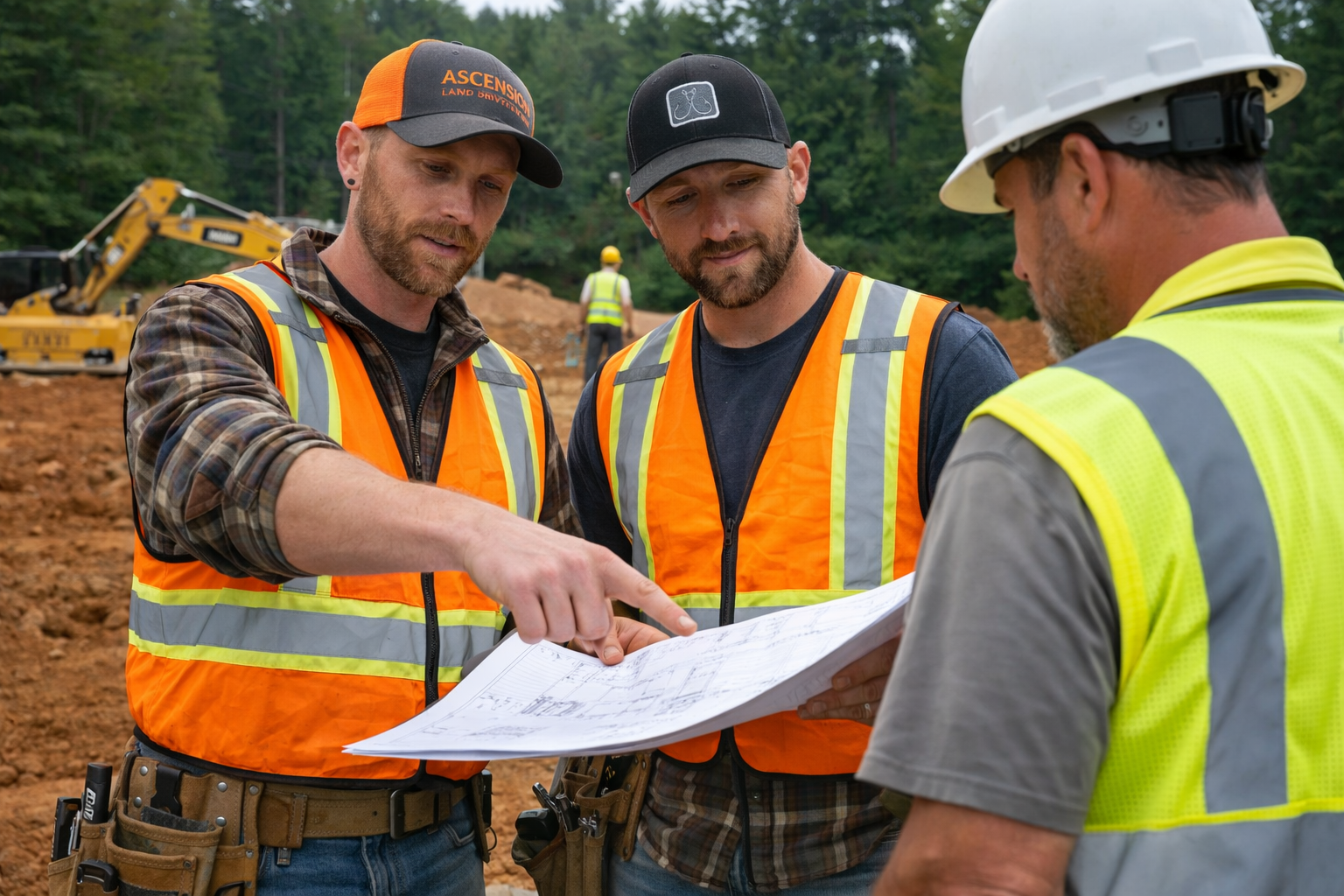 Three construction workers in safety vests and hard hats review blueprints at a construction site with an excavator in the background.