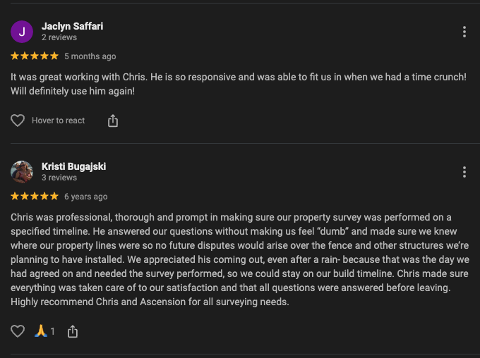 Screenshots of two positive Google reviews praising Ascension Land Surveying for their outstanding service, professionalism, and strong recommendation for land surveying services