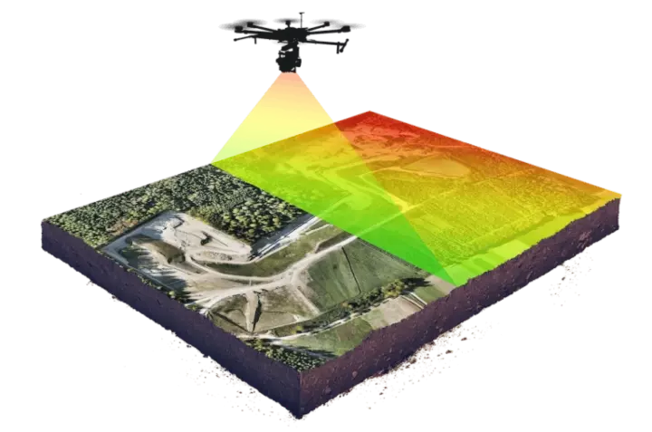 A drone flying over a landscape with a heat map overlay indicating elevation levels.