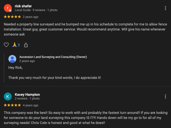 Screenshot of a Google review for Ascension Land Surveying praising their work and customer service, with responses from the survey company owner Chris Cole.