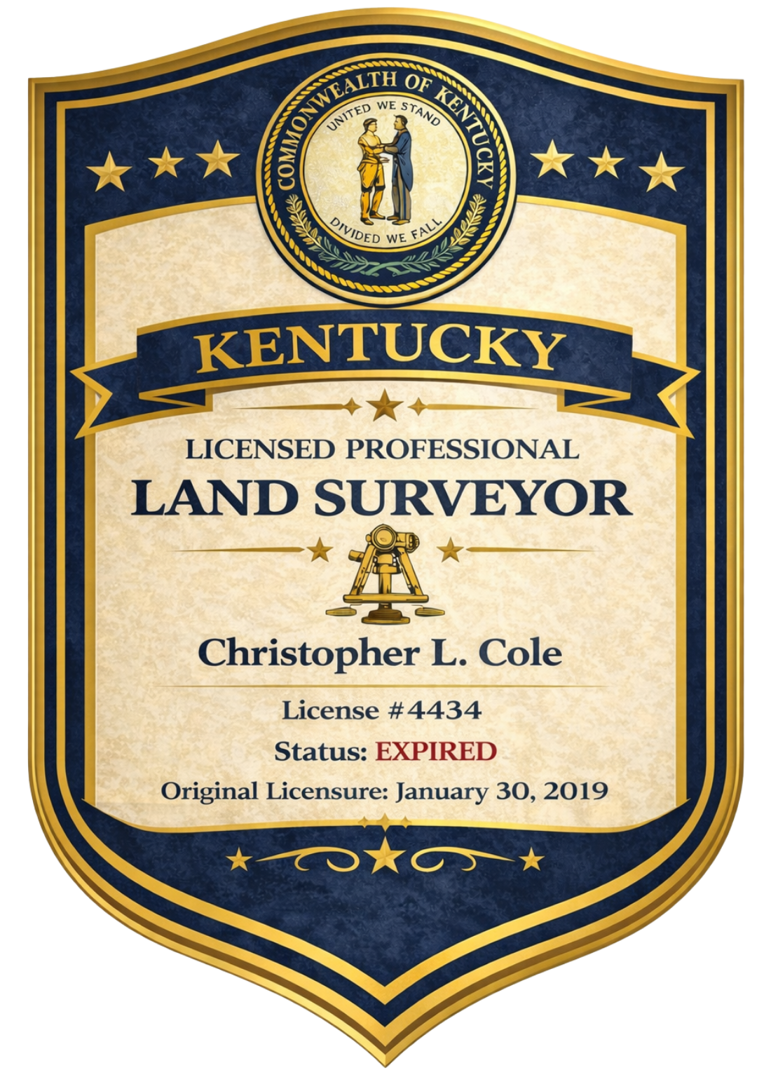 A Kentucky license badge for a licensed professional land surveyor named Christopher L. Cole, with license number 4434, expired status, and original licensure date of January 30, 2019.