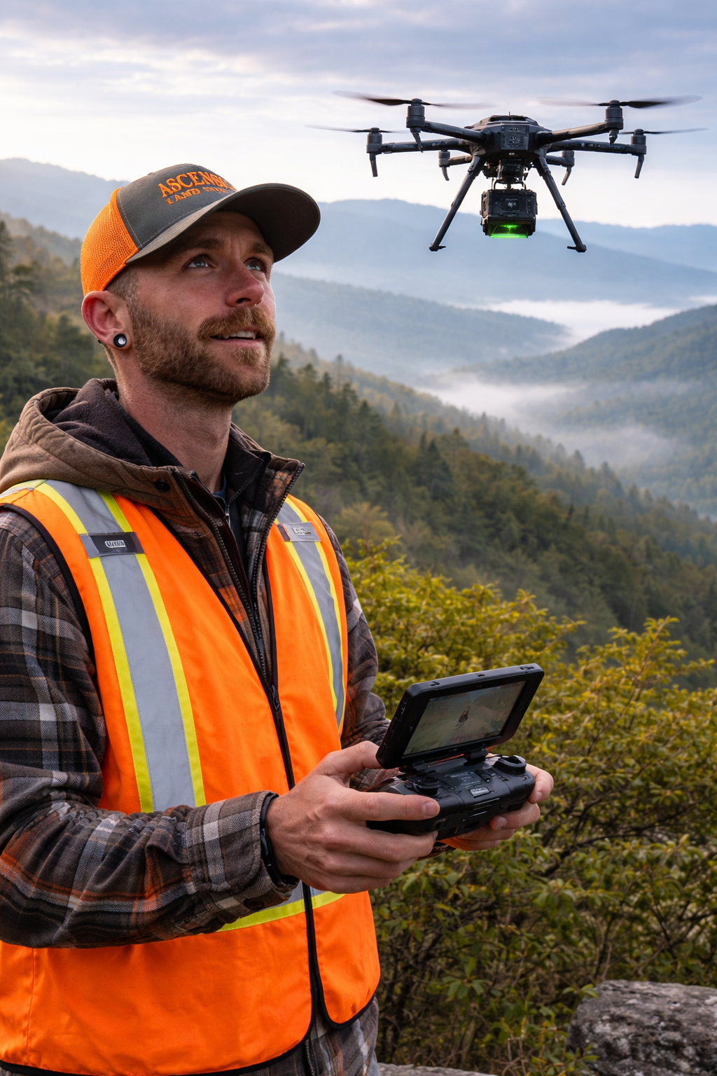 A man, Chris Cole, wearing an orange safety vest and a cap with 'ASCENSION' written on it, operating a drone with a remote controller in a mountainous area with fog and trees.