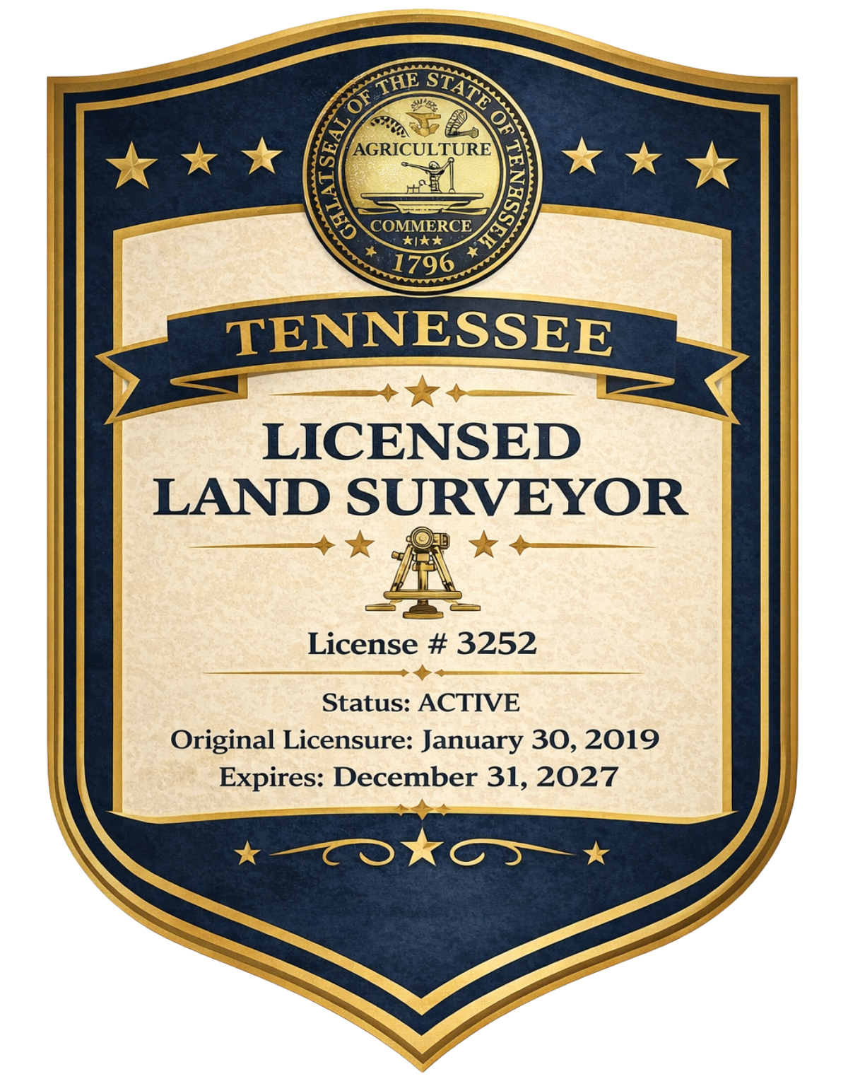 Tennessee license badge for a licensed land surveyor displaying license number 3252, active status, original licensure date of January 30, 2019, expiring December 31, 2027, with a gold and blue design featuring a surveyor's instrument and state seal.
