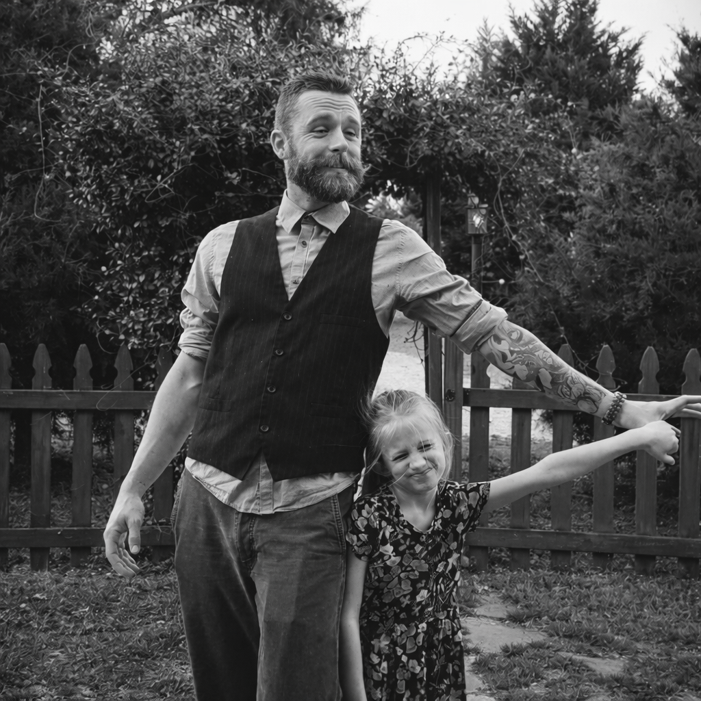 A man, Chris Cole, with a beard and tattooed arm standing outdoors with a young girl, both smiling and pointing to the right, in front of a wooden fence and bushes.