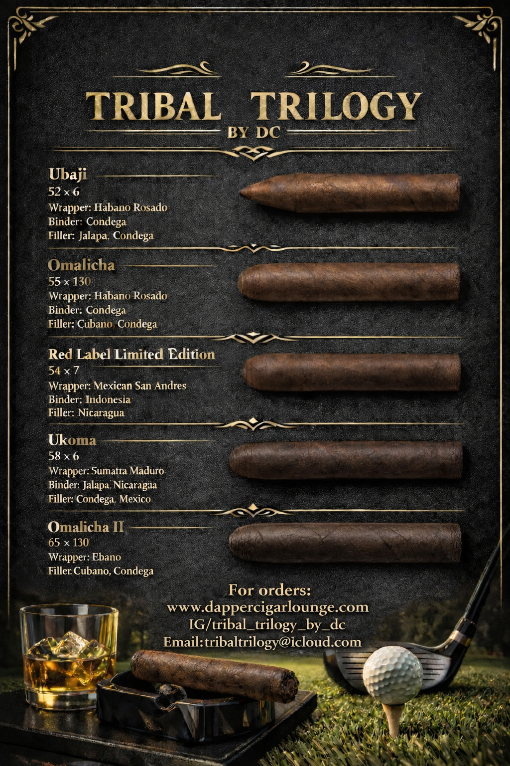 A poster for TRIBAL TRILOGY cigars featuring five different cigar types with descriptions and images of cigars, a glass of whiskey with ice, and a golf ball on a tee in the foreground.