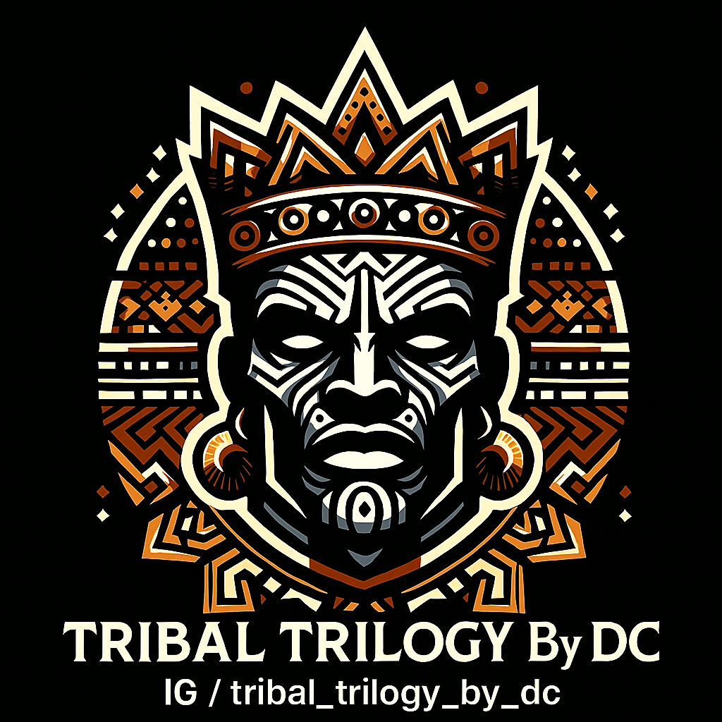 A tribal art depiction of a fierce face with a headdress, decorated with geometric patterns and bold lines, with text 'TRIBAL TRILOGY By DC' and social media handle at the bottom.