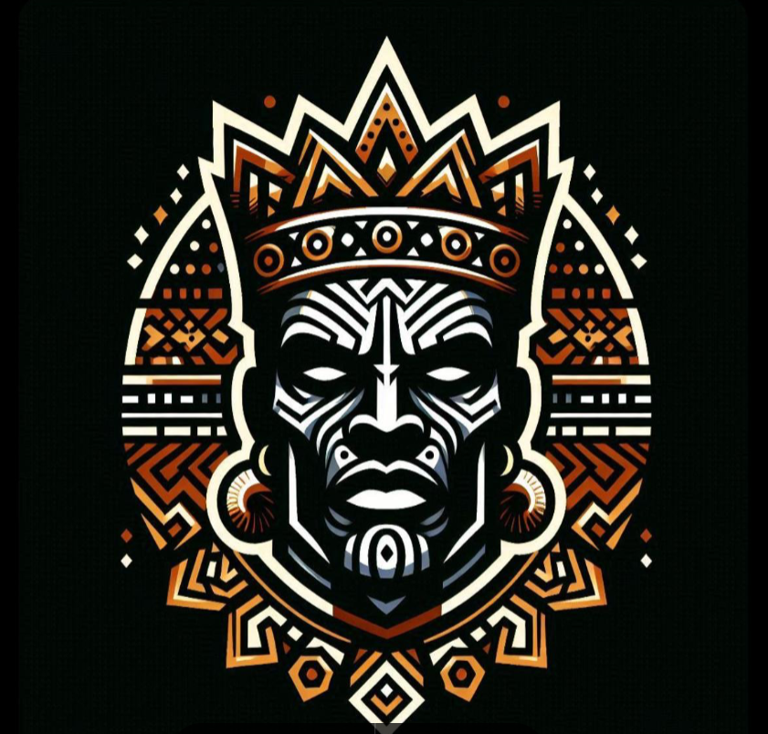 An artistic illustration of a regal tribal chief with a headdress, earrings, and a stern expression, using black, white, and orange hues.