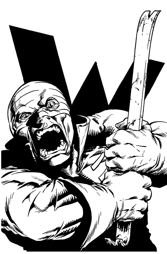 Black and white illustration of a snarling humanoid creature with an angry expression, holding a large, jagged weapon, set against a dark background with bold shapes.