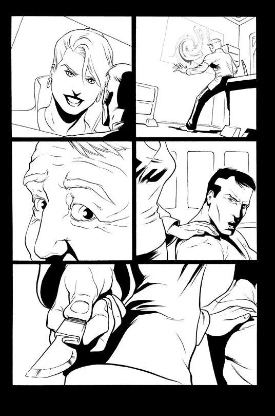 Black and white comic strip with six panels depicting a woman smiling on a video call, a man using a computer, an elderly person with a close-up of their face, a person sitting in a room, a hand gripping a knife, and a blurred figure.