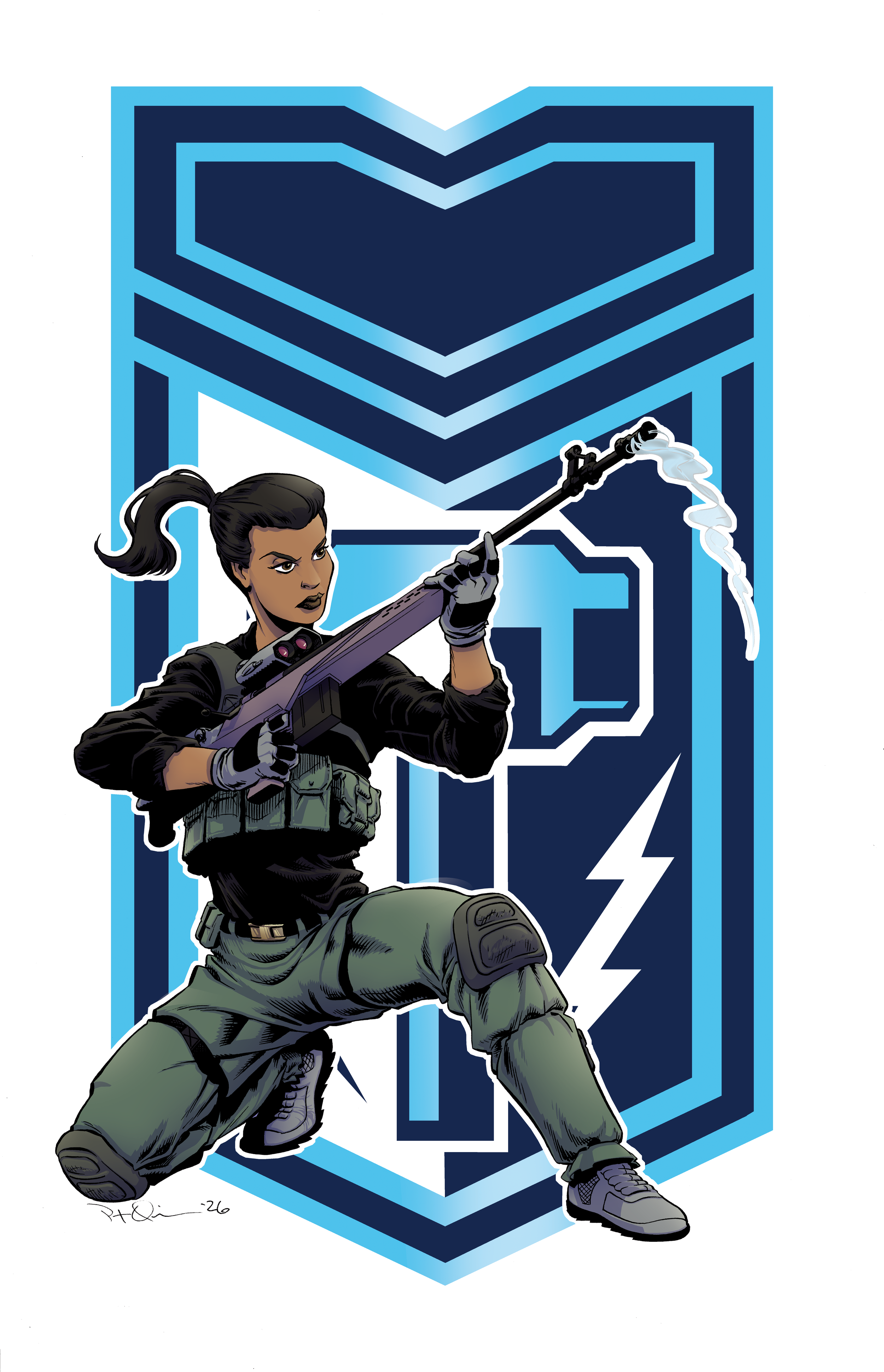A female soldier in tactical attire kneeling with a rifle, against a backdrop of a stylized blue military emblem with geometric shapes and a lightning bolt.