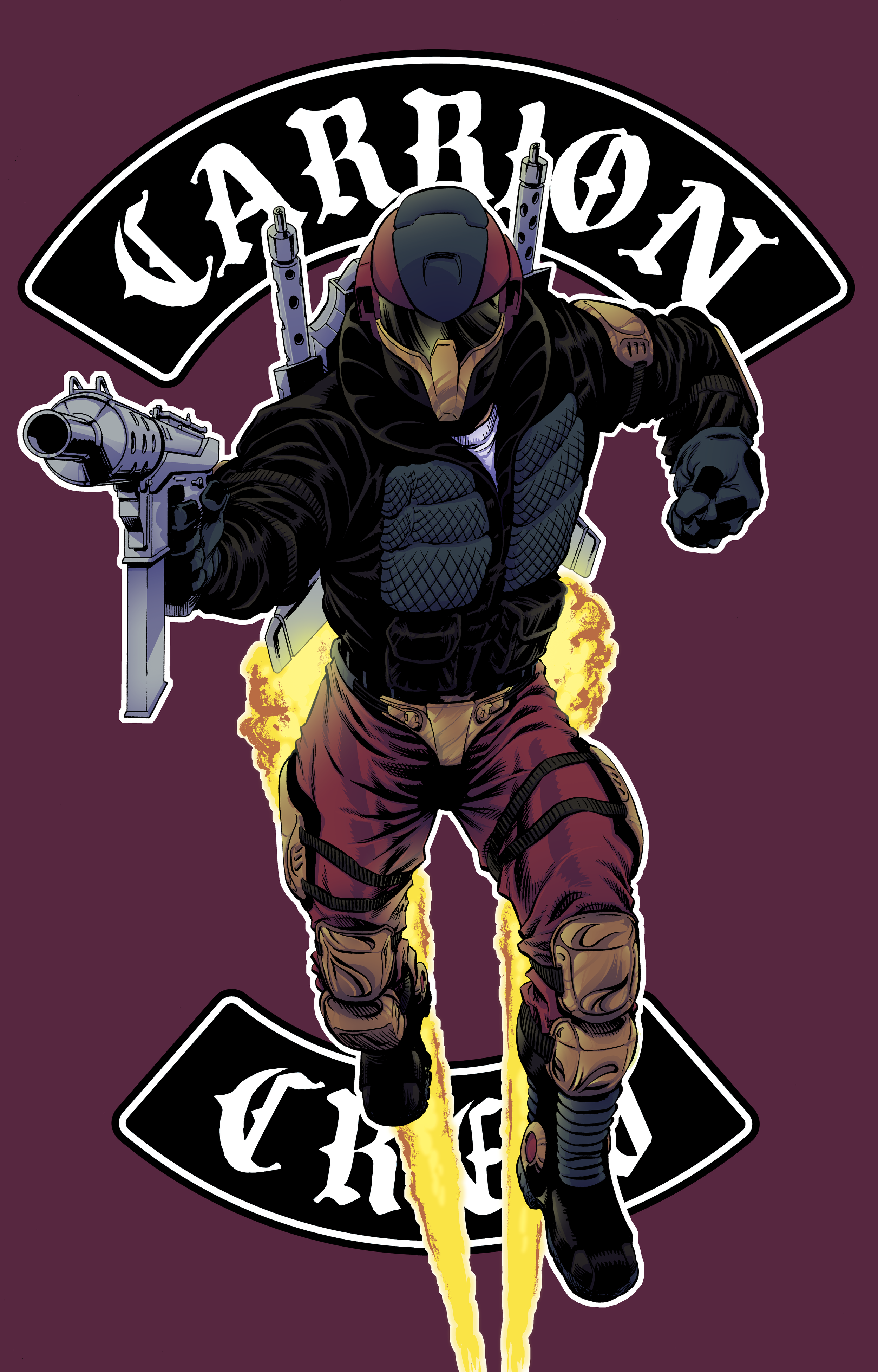 A video game character in tactical gear running forward with guns on his back, surrounded by flames with a logo and the words containing 'CARRION' in the background.