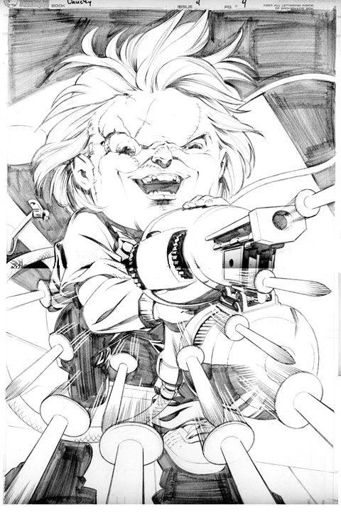 A detailed black and white illustration of a smiling, wild-haired character aiming a large sci-fi weapon surrounded by bullet casings.