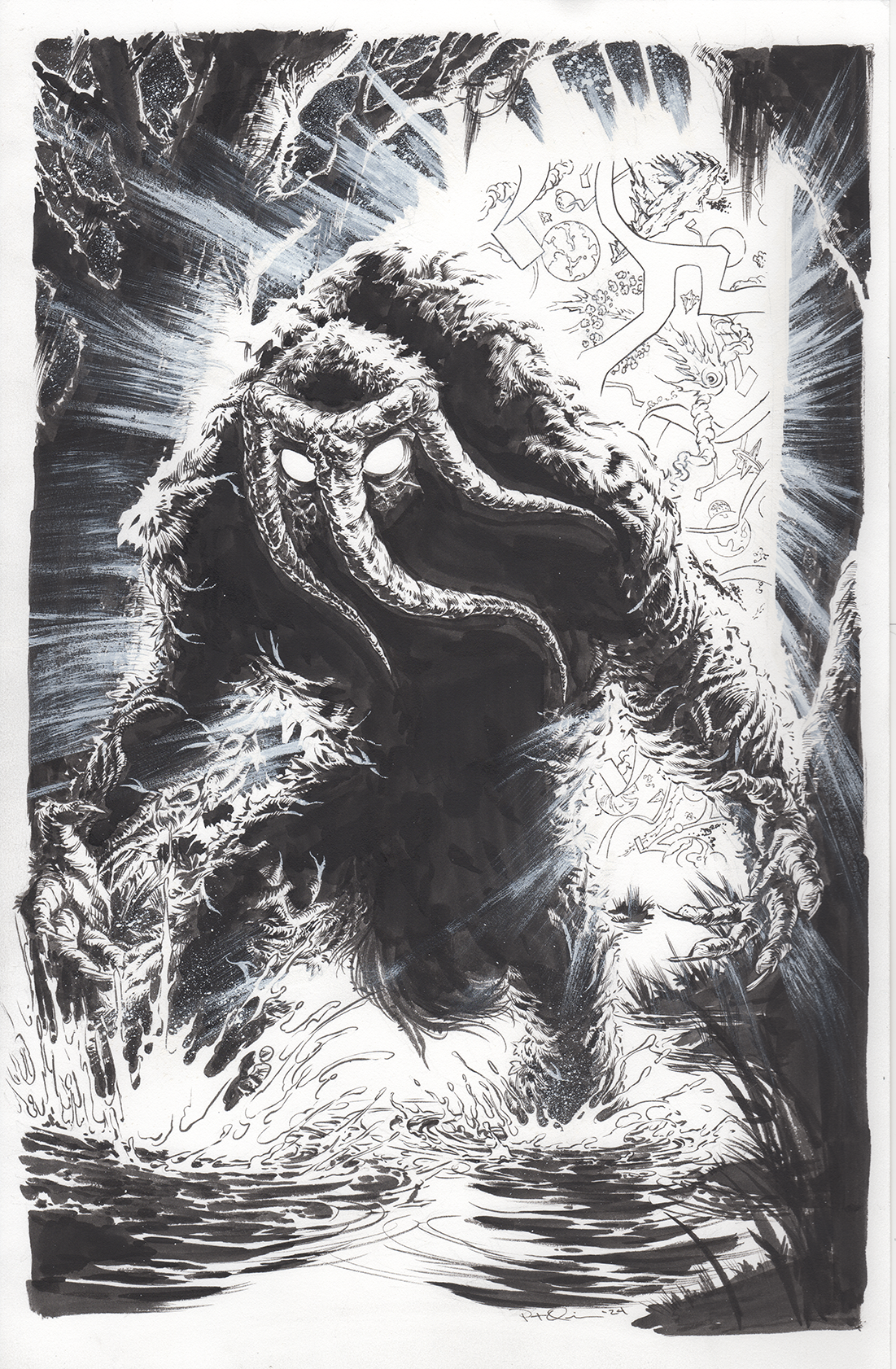 A black and white illustration of Cthulhu, a mythical creature with an octopus-like head, long tentacles, a massive body, and dragon-like wings, emerging from water with chaos and cosmic imagery in the background.
