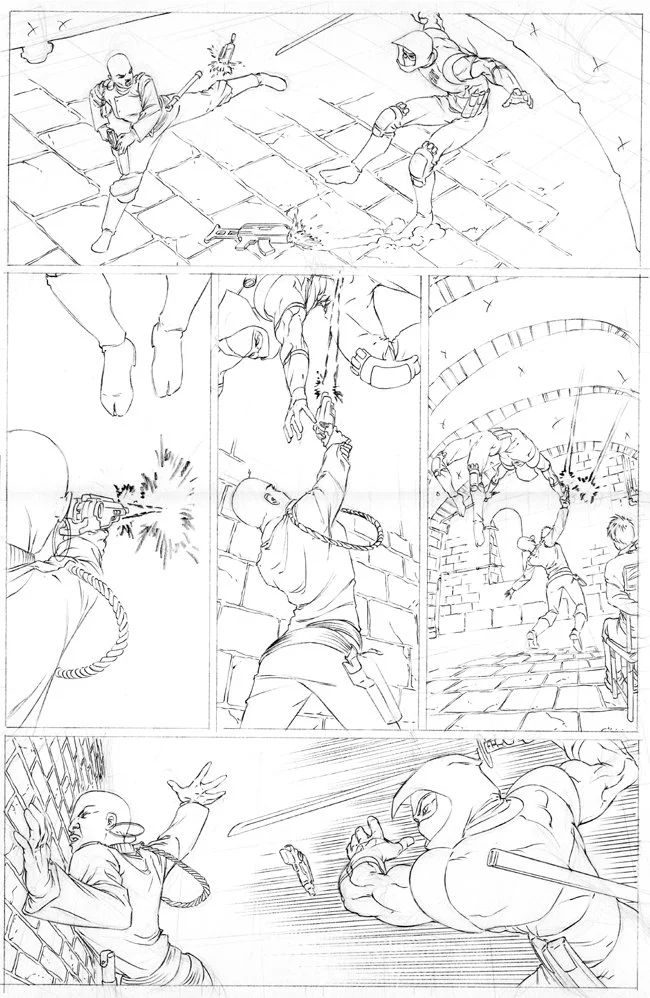 A battle scene with multiple characters fighting inside a castle or dungeon. One character is shooting a gun, while another is throwing a weapon, and others are engaged in combat. G.I.Joe comic book page featuring Stormshadow. Drawn by Pat Quinn