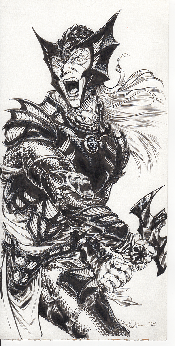 Black and white ink drawing of a vampire-like creature with a fierce expression, fanged mouth open, and pointed ears. It is dressed in armor with bat-like wings on the shoulders, holding a spiked weapon with a star emblem. Long flowing hair and detai