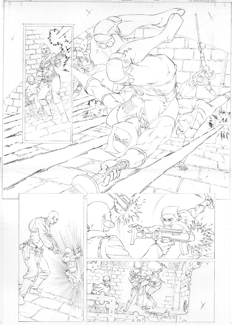 Illustration of a superhero fighting multiple armed opponents in an alley, with scenes of combat, shooting, and hand-to-hand fighting.