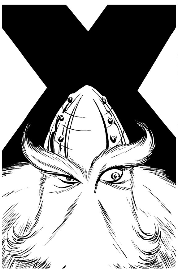 Black and white illustration of a Viking warrior with a horned helmet, a long beard, and a fierce gaze.