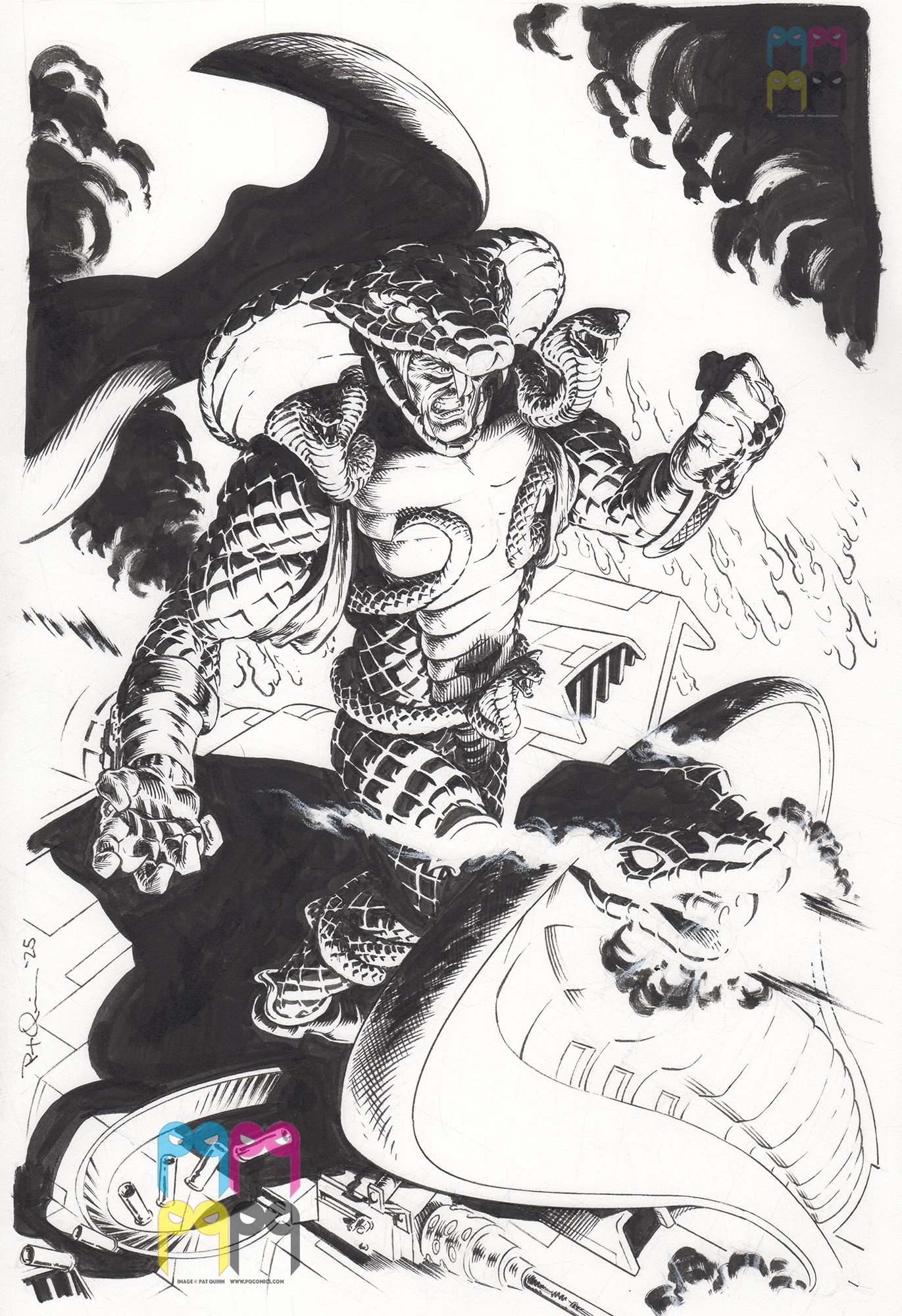 Black and white comic-style drawing of a muscular snake deity with a snake head, fierce expression, and coiled body, fighting or battling with a robotic or mechanical dragon. The background includes trees and clouds, with colorful Pogo Comics logo in