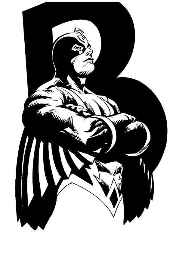 Black and white illustration of a superhero with arms crossed, wearing a mask and cape, standing in front of a large letter B.