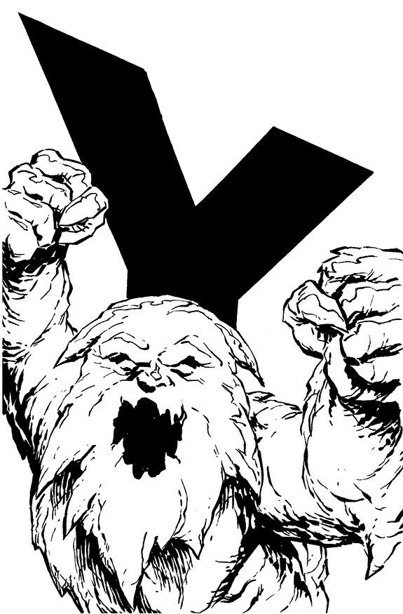 A drawing of a fierce dog with an open mouth and mock furious expression, with clenched fists raised, in front of a large black 'Y' symbol.