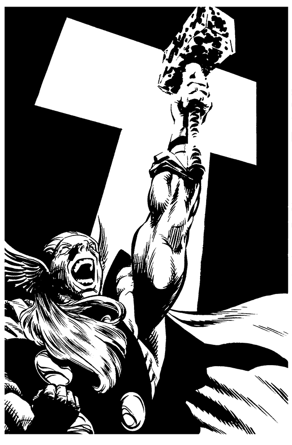 Black and white graphic of a woman with wings, screaming, holding a large cross with a figure on it, and a flowing cape.