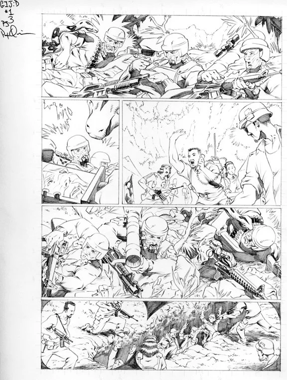 Black and white illustration of soldiers in a combat scenario, including close-up of soldiers aiming rifles, a man gesturing with his hand, soldiers crawling through trenches, and armed combat in jungle terrain.