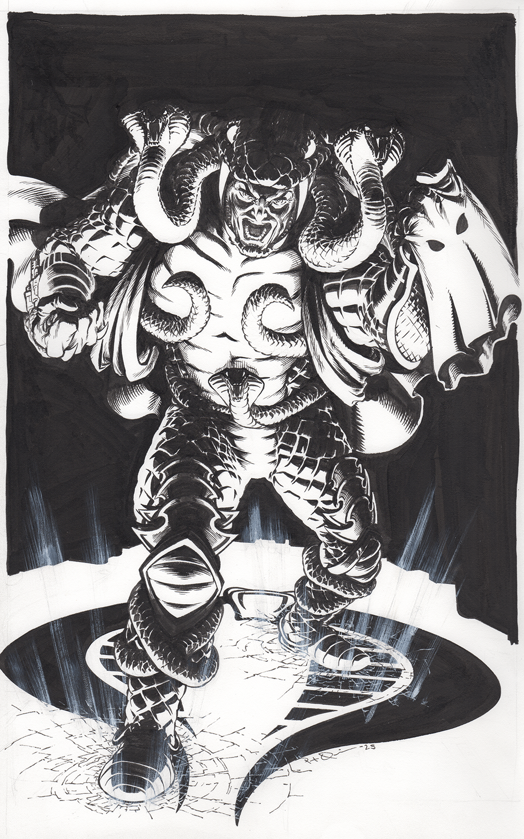 Black and white drawing of a fierce, muscular creature with snake-like features, horns, and a menacing expression, standing on a cracked circular platform.