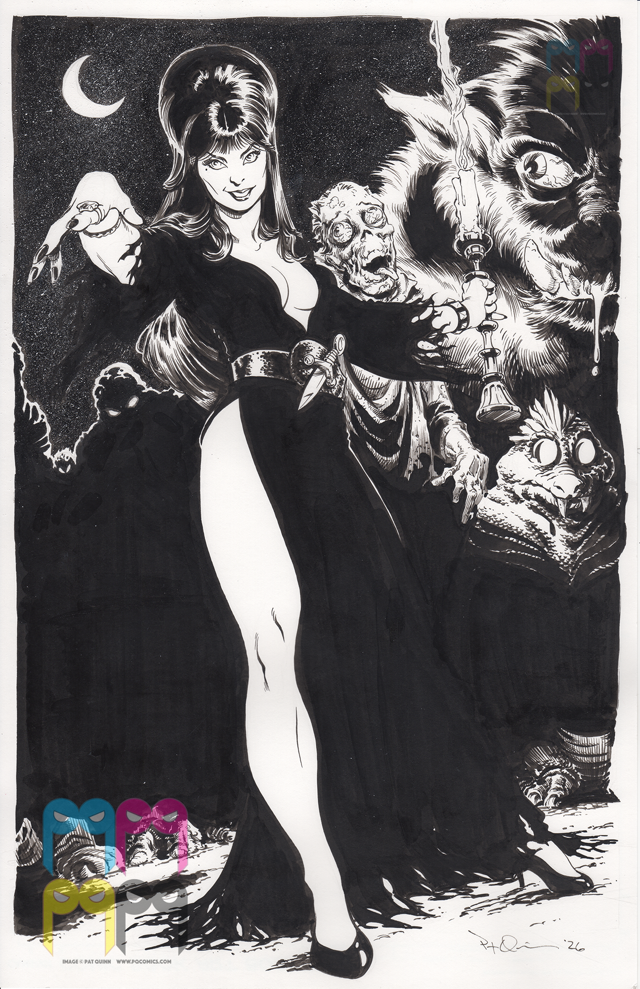 Black and white comic-style illustration of a woman in a low-cut dress with dark hair, surrounded by surreal creatures including a wolf with a candle in its mouth, a zombie, and a monstrous face, under a crescent moon in the night sky.