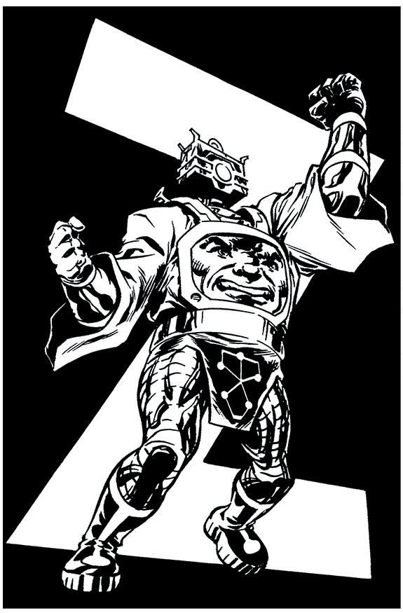 Black and white illustration of a futuristic soldier in a spacesuit with a smiling face on the helmet, holding a large flagpole with a rectangular flag, set against a geometric background.