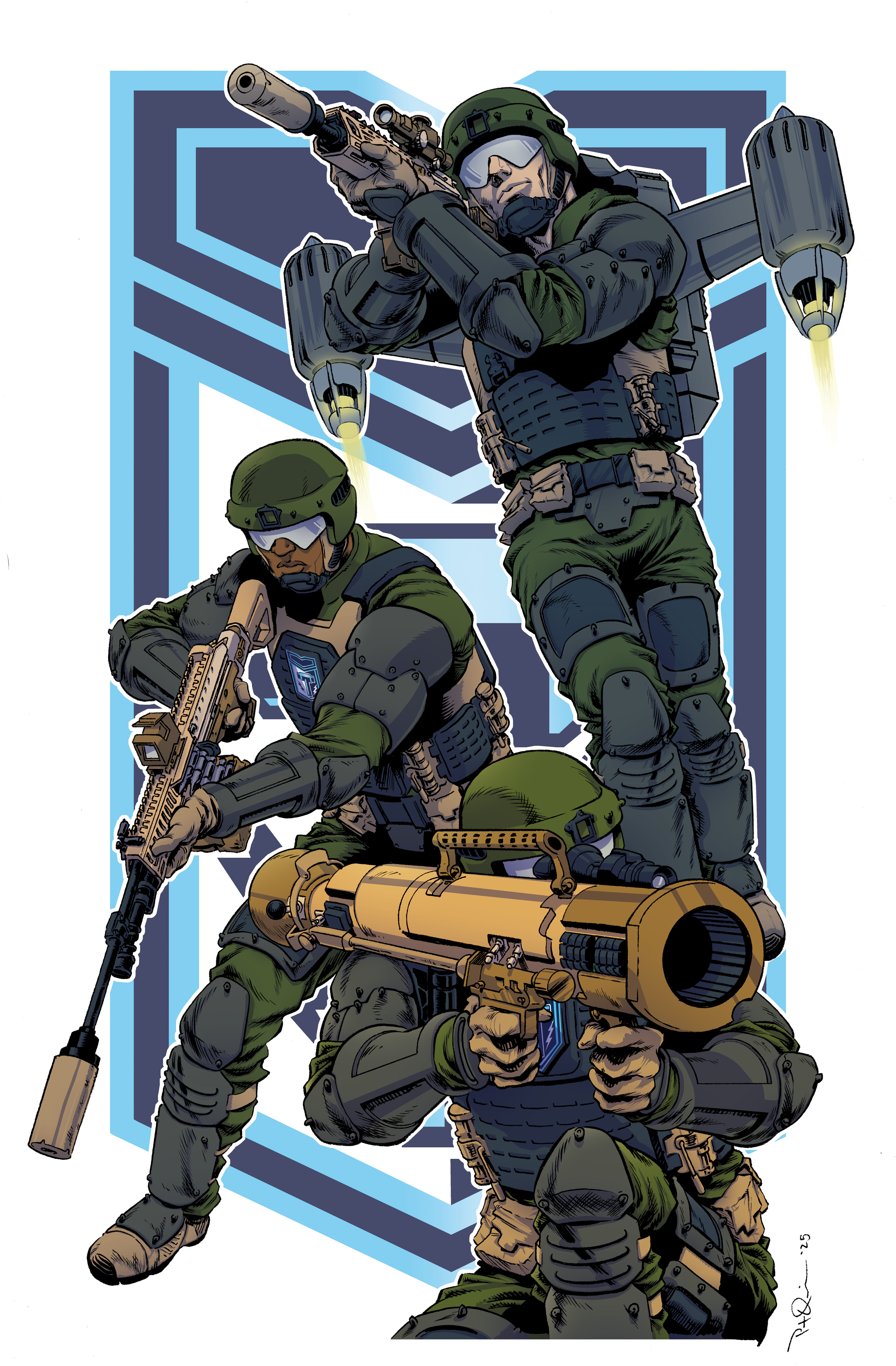 Group of heavily armed soldiers in tactical gear aiming weapons, with a geometric background.