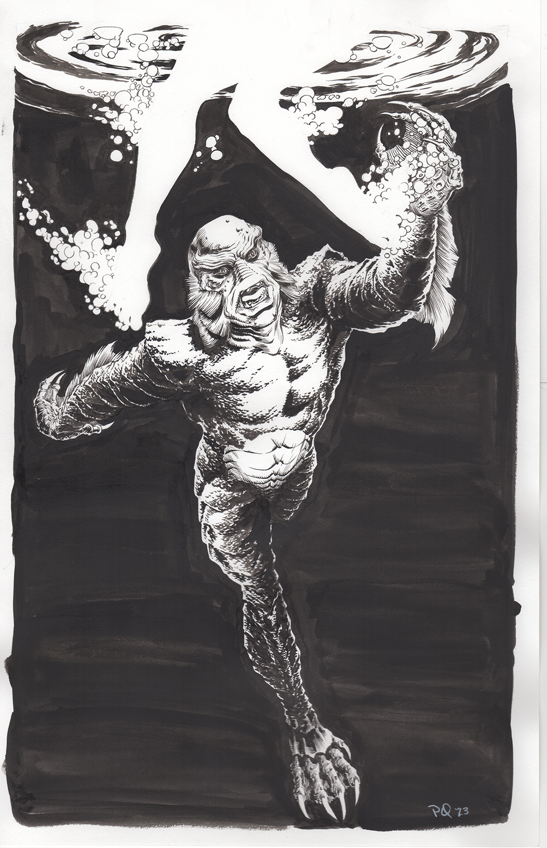 Black and white illustration of a humanoid creature with a muscular, animalistic body and a human face, holding a bubbling beaker, with dark cliffs in the background.