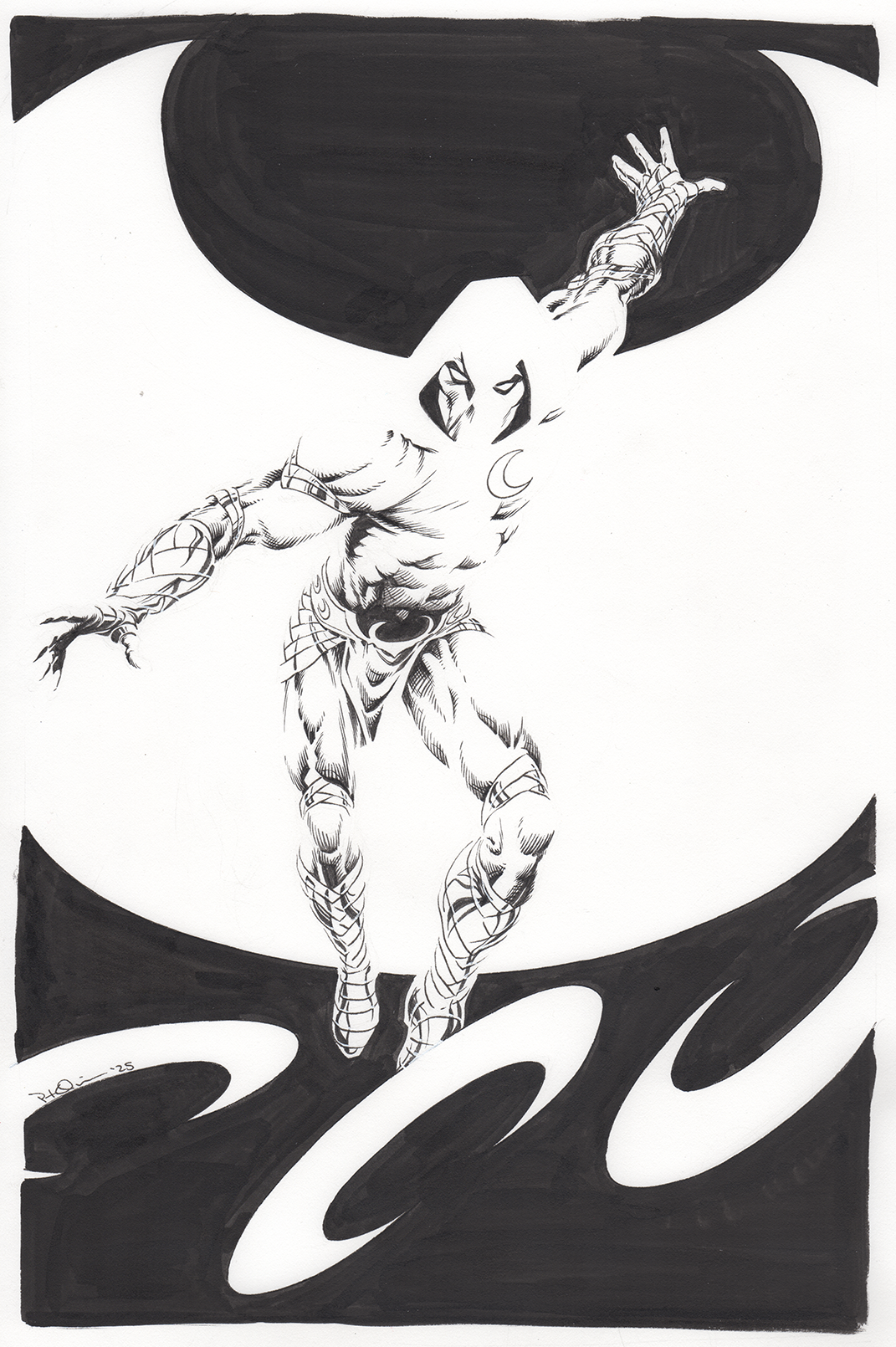 Black and white ink drawing of a muscular superhero figure flying upward, wearing a mask, with a large shield bearing a bat symbol in the background.